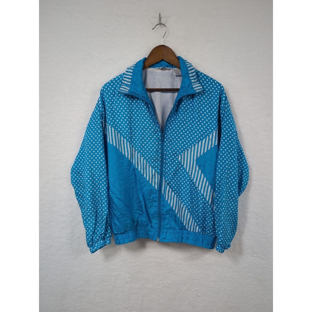Vtg 90s Blue Soft Lined Striped Polka Dot Retro Windbreaker Track Jacket Size M